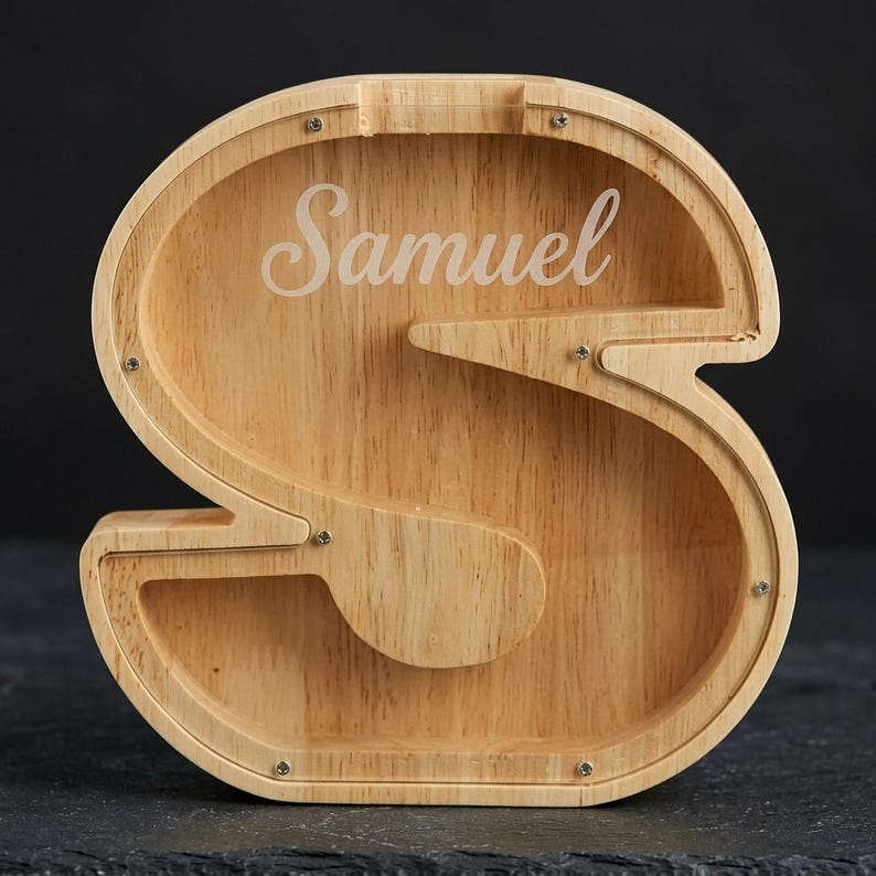 Hand Script Letters Personalized Wooden Piggy Bank, Custom Letter Name Coin Bank, Christmas ...
