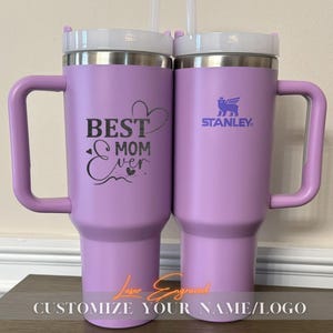 Personalized Stanley 40oz tumbler with engraved birth month flower and custom name. A unique floral birthday gift, perfect for everyday use and special occasions.