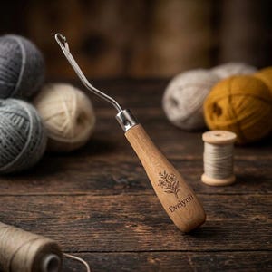 Personalized Wooden Bent Latch Hook Tool | Engraved Rug Making Hook | Custom Craft Tool for Latch Hook Kits & Rag Rug DIY | Crafter Gift
