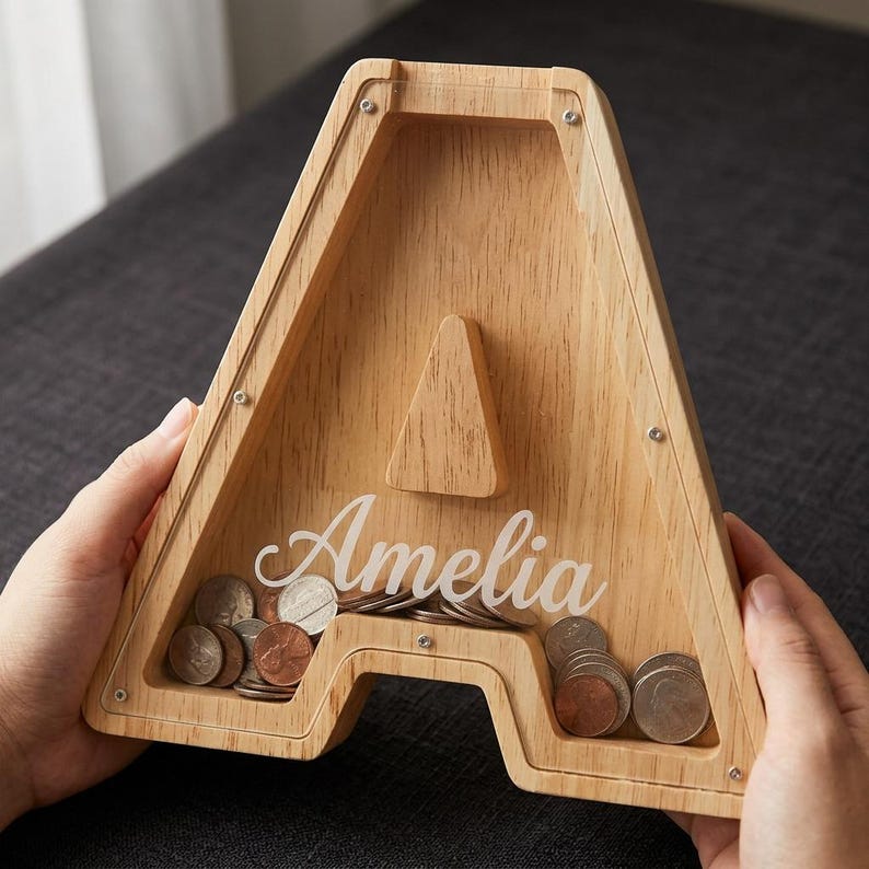 Hand Script Letters Personalized Wooden Piggy Bank, Custom Letter Name Coin Bank, Christmas ...