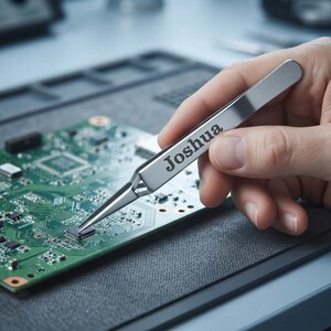 May include: A pair of silver-toned metal precision tweezers featuring the name Joshua engraved in a dark serif font on the side. The tweezers are pointed and are being used to manipulate a small black electronic component on a green circuit board.