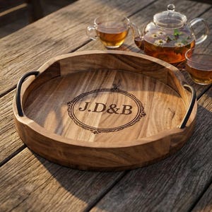 Personalized Acacia Wood Serving Tray, Custom Engraved Breakfast Tray with Handles, Farmhouse Tea Coffee Tray, Housewarming Gift for Her Him