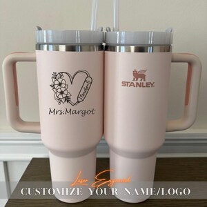 Personalized Stanley 40oz tumbler with engraved birth month flower and custom name. A unique floral birthday gift, perfect for everyday use and special occasions.