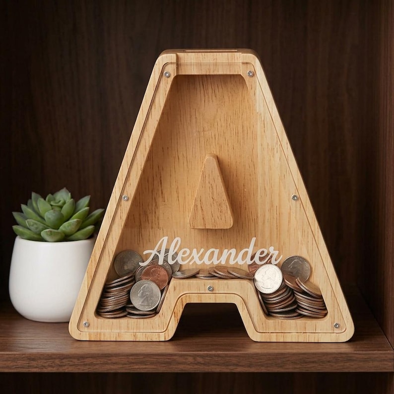 Hand Script Letters Personalized Wooden Piggy Bank, Custom Letter Name Coin Bank, Christmas ...
