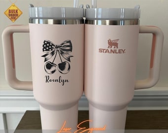 Custom Stanley 40oz Tumbler – Cherry Bow & USA Flag, Patriotic Gift