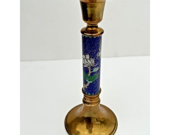 Vintage Brass Enamel Asian Bird Cloisonne Blue Candlestick Candle Holder 7.75”