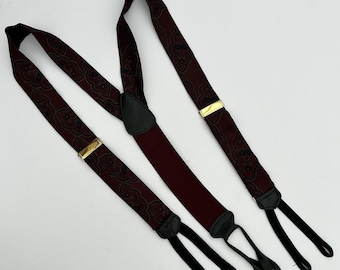 Vintage Trafalgar Silk Paisley Burgundy Leather Croc Embossed Suspenders Goldtone