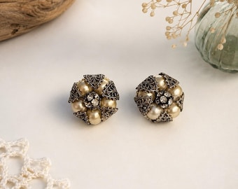 Vintage 875 Silver Soviet Faux Pearl Ornate Cluster Earrings Screwback Regency