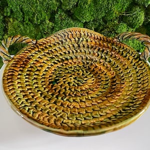 Handcrafted terracotta serving dish with braided pattern. Handmade ceramic fruit bowl. french pottery.french Vallauris.Fruit bowl