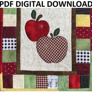 May include: A PDF DIGITAL DOWNLOAD quilt pattern featuring a central cream-colored panel with two appliquéd apples, one solid red and one brown gingham, surrounded by a border of multicolored fabric squares in red, green, yellow, and black.