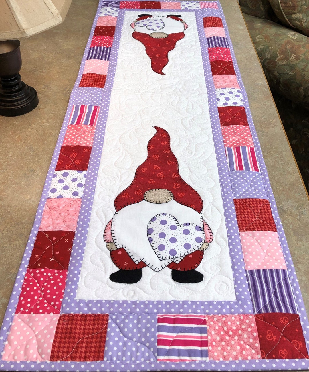 Valentines Heart Gnome Hand Appliqué Quilted Table Runner - Etsy