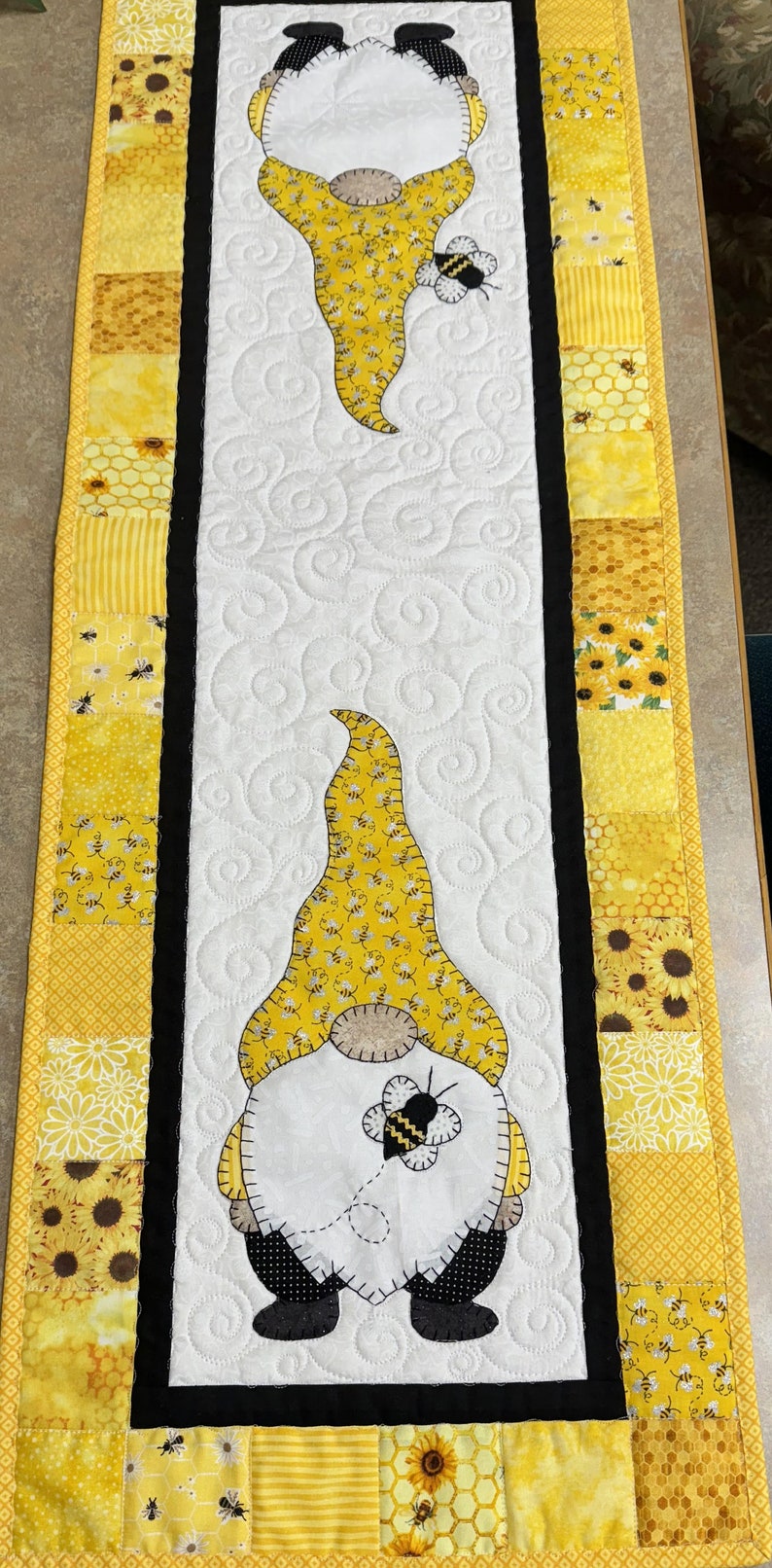 Yellow and Black Bee Gnome - Hand Applique Quilted Table Runner - Etsy