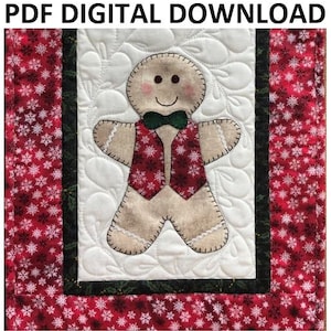 May include: A gingerbread man applique with a red and white patterned vest, a green bow tie, and a white background. The gingerbread man is surrounded by a green and black border and a red and white snowflake patterned border.