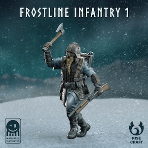 Può includere: Statuetta dettagliata di un guerriero della serie "Frostline Infantry 1". La figura è vestita con un'armatura scura, che tiene un'ascia in alto e un fucile. Lo sfondo raffigura un paesaggio innevato. Il testo "Frostline Infantry 1" è in alto.