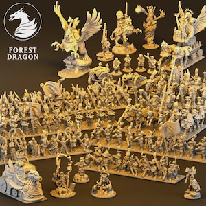 May include: A selection of miniature fantasy figurines, including soldiers, creatures, and vehicles. The figurines are in various poses and are made of a light-coloured material. The image includes the text "FOREST DRAGON" and a dragon logo.