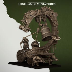 May include: A miniature model of a bell tower with a large bell, made of brown and grey plastic. Four small figures are pulling ropes attached to the bell. The tower is made of brick and has a broken archway. The text "HIGHLANDS MINIATURES" is printed at the top of the image.