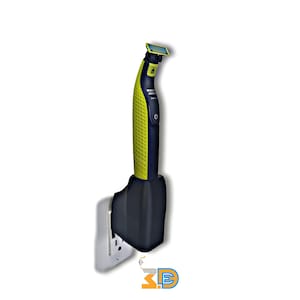 May include: An electric shaver in black and yellow, with a charging base. The shaver has a textured grip and a rectangular head. The black charging base is plugged into a white wall socket. The shaver is designed for grooming.