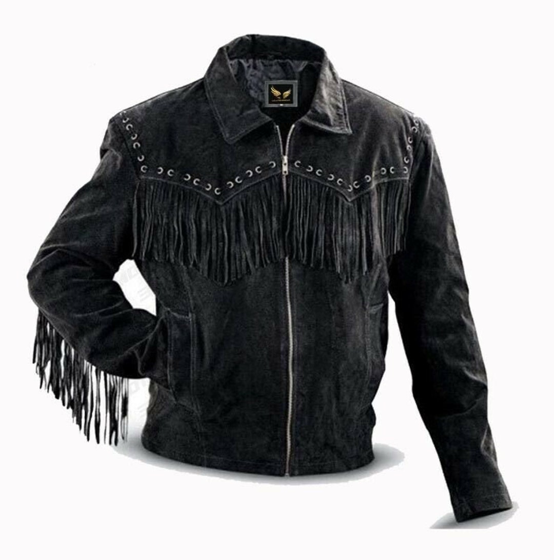 Men's Traditional Western Cowboy Leather Jacket Coat With Fringes Bone ...