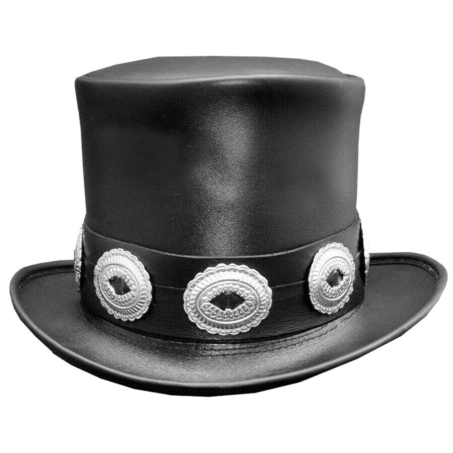 Rocker Black Leather Slash Style Handmade Top Hat Conchos Band | Etsy