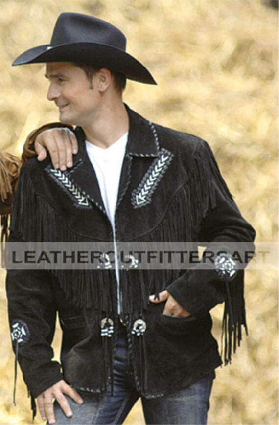  LEATHERAY Chaquetas de cuero occidentales para hombre, chaqueta  de cuero de vaquero y abrigo con cuentas de flecos, camisa de cuero de  ante, cuero de gamuza negro : Ropa, Zapatos y