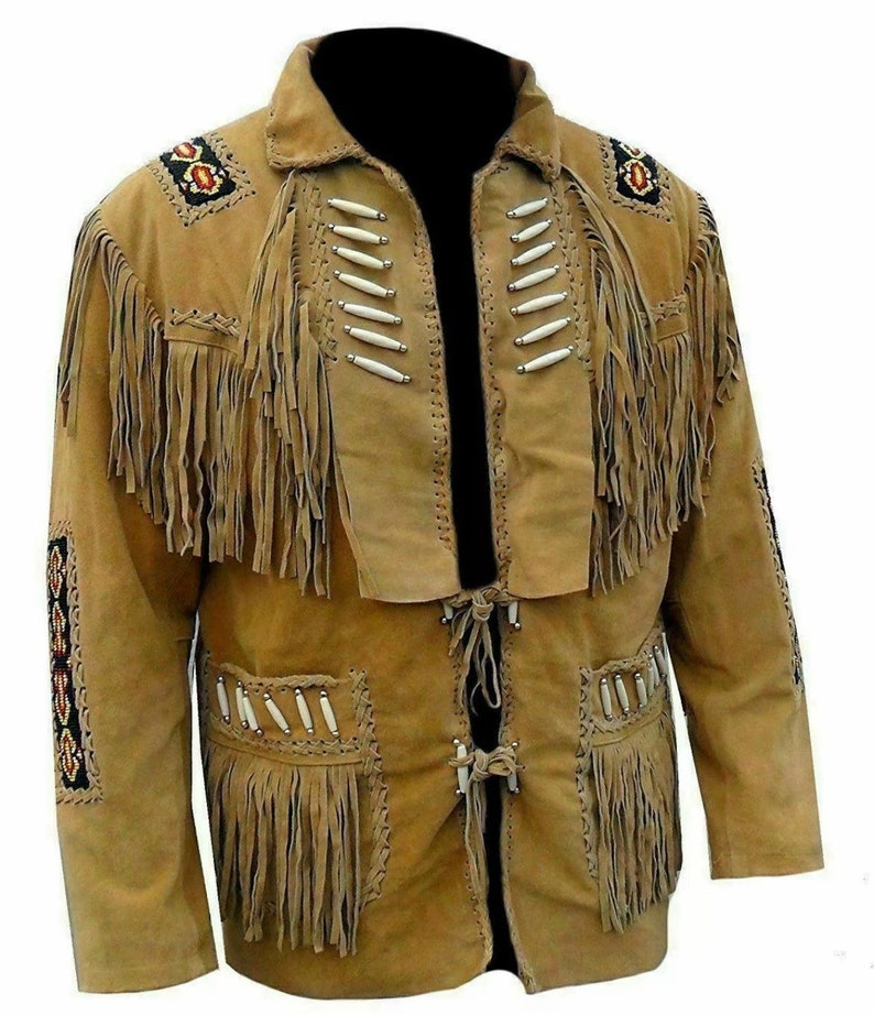 New Men’s Native American Cowboy Buckskin Leather Jacket Coat With Fringes Brown 