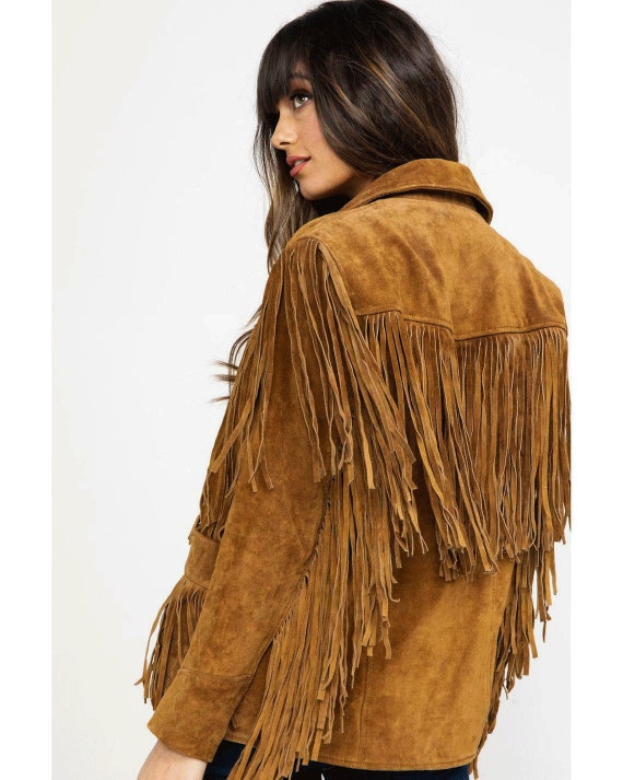 Women's Vintage Fringe Leather Jacket Brown Suede Leather Jacket