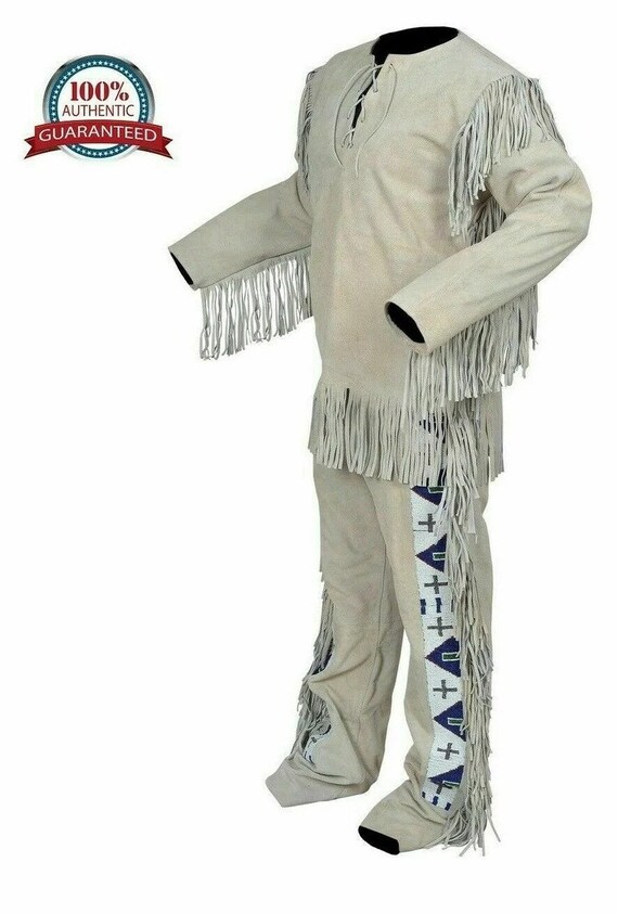 Native American Western Wear Buckskin Suede Leather War Suit Fringe Shirt &  Pant