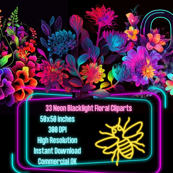 Neon Blacklight Flower Bouquet Clipart, floral graphics bright playful lumo digital ephemera instant download black background bundle