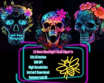 Neon Blacklight Day of the Dead and Halloween Skull Clipart, skull with flower crowns graphics bright lumo digital ephemera instant download