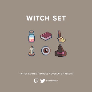 May include: A digital pixel art collection titled WITCH SET featuring six icons: a pink potion bottle, a closed book, a broom, a lit candle, a human eye, and a pointed hat. Below the icons, the text reads TWITCH EMOTES / BADGES / OVERLAYS / ASSETS.
