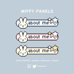 Può includere: Tre pannelli in pixel art etichettati MIFFY PANELS, ognuno con un'icona di testa di coniglio bianco e il testo about me. I pannelli sono di colore azzurro, rosa chiaro e giallo chiaro e includono ciascuno piccoli grafici pixel di stelle e scintille.
