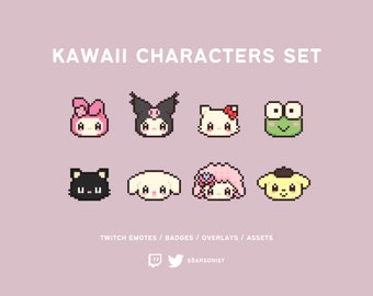 Conjunto de personajes kawaii / Insignias pixeladas para suscriptores/bits de Twitch / Insignias y emoticonos adorables para streamers
