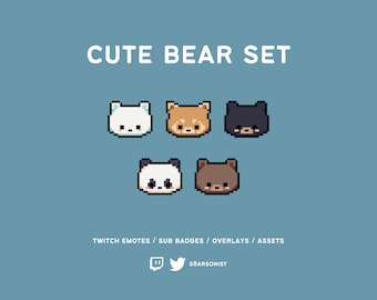 Lindo conjunto de osos / Insignias de suscripción/bits de Twitch de píxeles / Insignias y emoticonos adorables para streamers