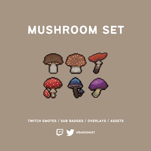 conjunto de cogumelos | emblemas de sub/bit de contração de pixel | emblemas e emotes fofos para streamers
