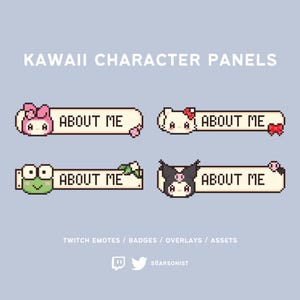 Könnte beinhalten: Vier Pixel-Art-Panels mit der Aufschrift ABOUT ME und Charakter-Icons, darunter ein rosa Hase, eine weiße Katze mit roter Schleife, ein grüner Frosch und eine schwarz-weiße Figur mit Totenkopf-Symbol. Text: KAWAI CHARACTER PANELS, TWITCH EMOTES / BADGES / OVERLAYS / ASSETS, SBARSONIST.