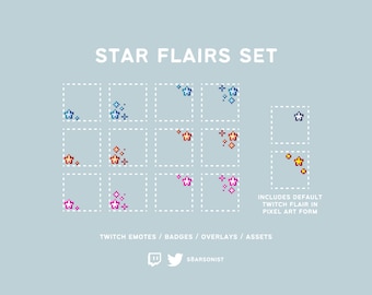 Conjunto de estrellas y estilos predeterminados / Insignias de suscripción de Twitch de píxeles / Recursos adorables para streamers