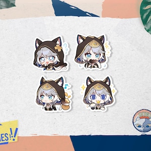 Puede incluir: Cuatro diseños de pegatinas con un personaje de dibujos animados con cabello blanco, que lleva un atuendo con capucha negro y dorado. El personaje se muestra en diferentes poses con una variedad de expresiones.