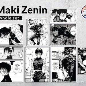 May include: A collection of black and white rectangular stickers featuring manga panels of the character Maki Zenin. The set includes various action poses, close-ups, and dialogue bubbles with text such as "Sheesh," "Don't," and "Long time, no see."