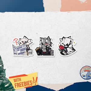 May include: Set of three stickers featuring a stylized wolf character in various poses. One sticker shows the wolf reading a newspaper, another with a serious expression, and the last holding a rose. The stickers are white with black and gray details.