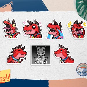 Könnte beinhalten: Eine Sammlung von sieben gestanzten Aufklebern, die einen roten Cartoon-Drachen mit Hörnern und einem blauen Halsband mit Herzanhänger zeigen. Ein Aufkleber ist eine quadratische schwarz-weiße Grafik mit dem Text RAWRARAWR RAWRARA. Der Drache zeigt verschiedene Gesichtsausdrücke wie Lachen, Weinen und Lächeln.
