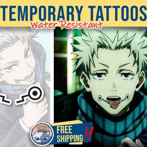 Puede incluir: Tatuajes temporales con un personaje de anime de pelo blanco y una bufanda azul. El texto "TEMPORARY TATTOOS" y "Water Resistant" se muestran en la parte superior. También se muestra una pegatina del personaje.