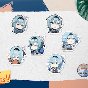 May include: Set of 7 blue and white anime character stickers. The characters have different expressions and poses. The stickers are perfect for adding a touch of personality to laptops, water bottles, or journals.