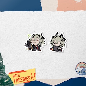 May include: Two stickers featuring anime-style characters with light green hair and black outfits. One sticker shows a character with a hand gesture and a green symbol. The other sticker shows a character with closed eyes. The stickers are on a white background.