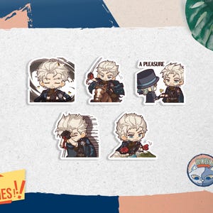 May include: A collection of five anime-style stickers depicting a character with white hair in different poses. One sticker includes the text "A PLEASURE". The stickers are set against a white backdrop with a blue and green border. A yellow banner with "WITH FREEBIES!" is also visible.