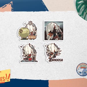 Op de afbeelding: Vier stickers met illustraties in anime-stijl. Eén sticker toont een groene bol met een boos gezicht en de tekst "NO BOTS!". Een andere toont een personage met een witte doek en rode accenten. De derde en vierde stickers hebben het woord "WHOOSH" en een kattenlogo.