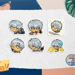 May include: A set of six die-cut vinyl stickers featuring a chibi-style character with silver hair and expressive facial features. The character is depicted in various poses, including holding a red rose, gesturing with hands, and surrounded by gold coins.