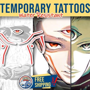 May include: Temporary tattoos with a manga theme. The image features a design of a face with multiple eyes and a red and white graphic. The text "TEMPORARY TATTOOS" and "Water Resistant" are displayed at the top.