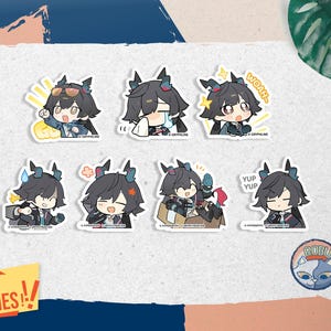 May include: A collection of eight anime-style stickers featuring a character with black hair and horns, each depicting a different expression or action. The stickers are on a white background with a yellow banner that says "WITH FREEBIES!!".