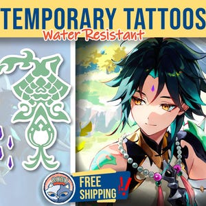 Könnte beinhalten: Wasserfeste temporäre Tattoos. Das Bild zeigt eine Anime-Illustration eines Charakters mit grün-schwarzen Haaren und einem grün-weißen Design. Der Text "TEMPORARY TATTOOS" steht oben.