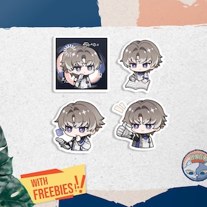 May include: Set of four stickers featuring an anime-style character with gray hair and purple eyes. The stickers depict the character in various poses, including reading a book, holding a card, and giving a thumbs-up. The stickers are on a white background with a blue and orange design.